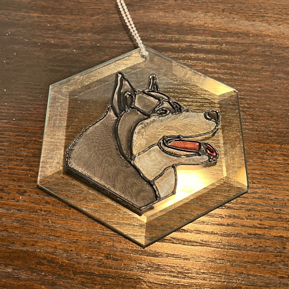 Vintage Beveled Glass Dog Suncatcher German Shepherd Husky Ornament Hexagon